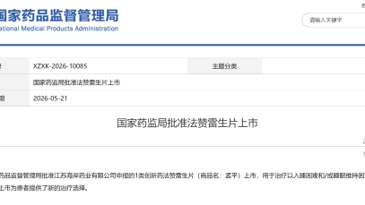 扬子江药业集团创新药孟平®（法赞雷生片）上市获批